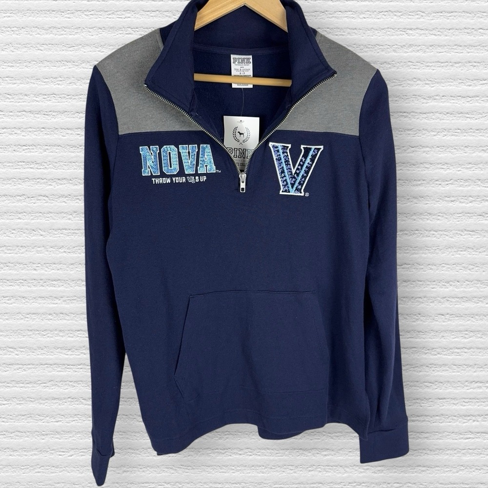 New‎ Victoria's Secret PINK Collegiate NOVA 1/4 Zip Sequin Pullover Navy Gray XS